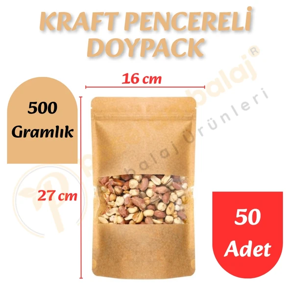 Kraft Pencereli Doypack 16x27x8 cm (50 Adet) ürün görseli 1