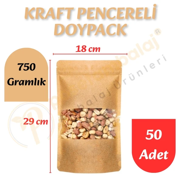 Kraft Pencereli Doypack 18x29x9 cm (50 Adet) ürün görseli 1