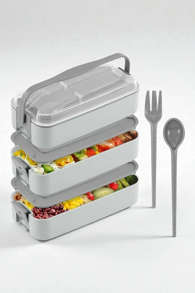 İronika 1260 ml 3 Katlı Kapaklı Çatal Bıçaklı Beslenme Kutusu Lunch Box Beslenme Kabı - Gri ürün görseli 1