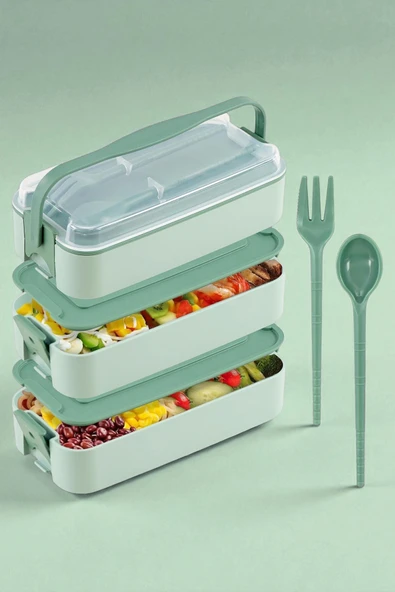 İronika 1260 ml 3 Katlı Kapaklı Çatal Bıçaklı Beslenme Kutusu Lunch Box Beslenme Kabı - Yeşil ürün görseli 1