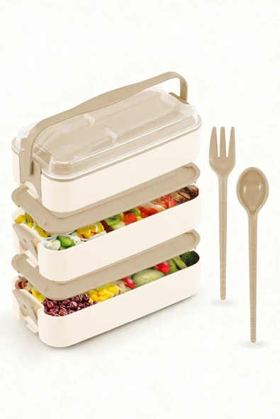 İronika 1260 ml 3 Katlı Kapaklı Çatal Bıçaklı Beslenme Kutusu Lunch Box Beslenme Kabı - Kahve ürün görseli 1