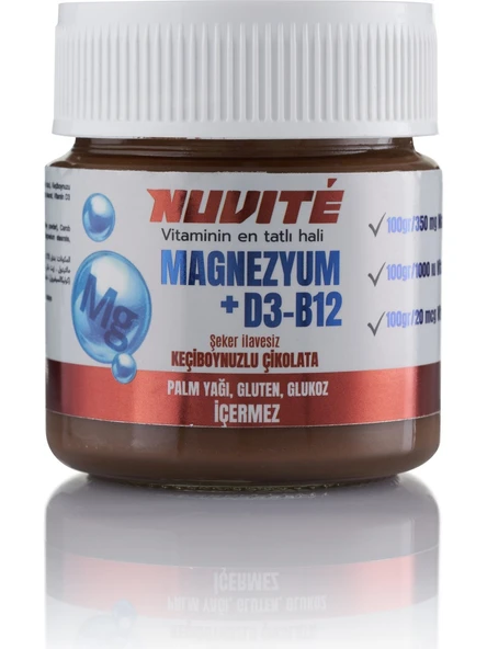 Nuvite Magnezyum + D3 + B12’LI Keçiboynuzlu Şekersiz Vitaminli Çikolata 200GR ürün görseli 1