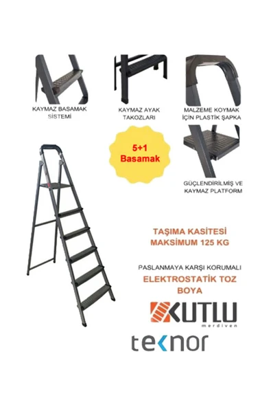 Kutlu Dayanıklı 5+1 Metal Basamaklı Merdiven ürün görseli 1