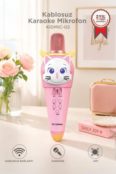 Kablosuz Karaoke Mikrofon ve Hoparlör Kedi Figürlü Şarjlı Mikrofon KIDMIC-02 Pembe ürün görseli 1