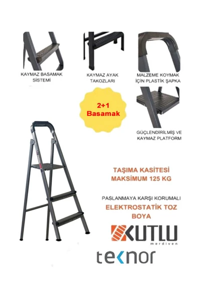 Kutlu Dayanıklı 2+1 Metal Basamaklı Merdiven ürün görseli 1