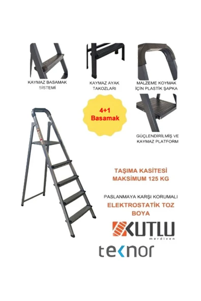 Kutlu Dayanıklı 4+1 Metal Basamaklı Merdiven ürün görseli 1