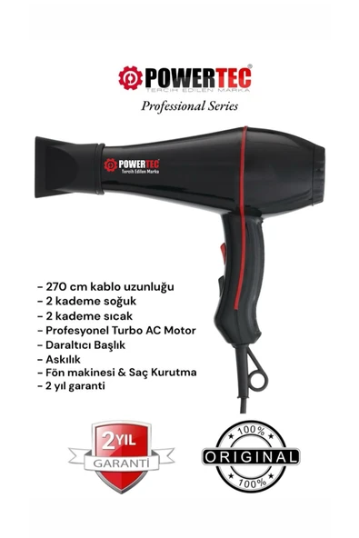 Powertec TR-601 Profesyonel 2500 W Saç Kurutma Makinesi Siyah ürün görseli 1