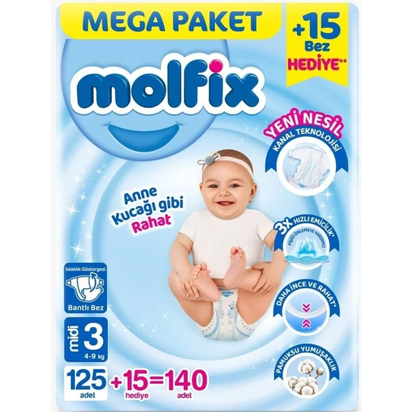 Molfix Bebek Bezi 3 Beden 4-9 KG Midi 140 Adet Pk MeGa Pk ürün görseli 1