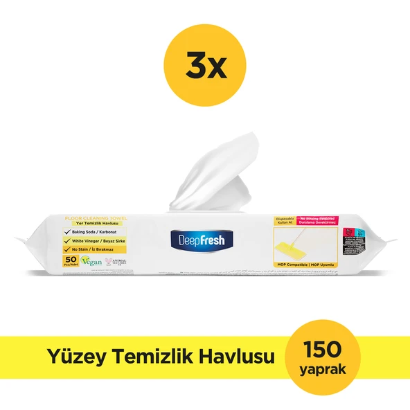 Deep Fresh İz Bırakmaz Mop Uyumlu Yer Temizleme Havlusu 50 Yaprak 3 Adet | Limon Yağlı | Karbonat, Beyaz Sirke ürün görseli 1