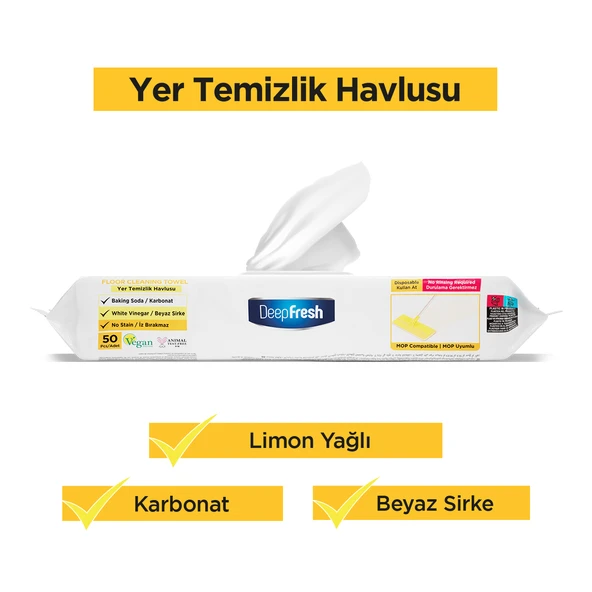 Deep Fresh İz Bırakmaz Mop Uyumlu Yer Temizleme Havlusu 50 Yaprak | Limon Yağlı | Karbonat, Beyaz Sirke ürün görseli 1