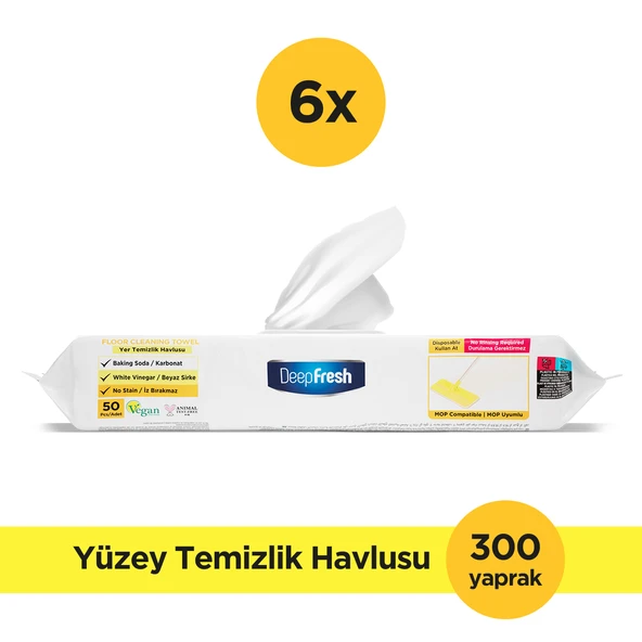 Deep Fresh İz Bırakmaz Mop Uyumlu Yer Temizleme Havlusu 50 Yaprak 6 Adet | LimonYağlı | Karbonat, Beyaz Sirke ürün görseli 1