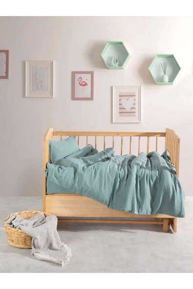MYLASA HOME Müslin %100 Doğal Pamuk Metalik Yeşil Bebek Nevresim Seti 100 X 150cm ürün görseli 1