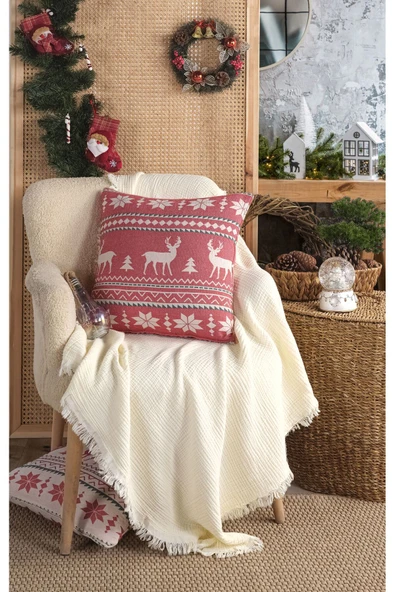 MYLASA HOME Mylasahome %100 Pamuk Yılbaşı Kırmızı Kırlent Fermuarlı 45x45cm ürün görseli 1