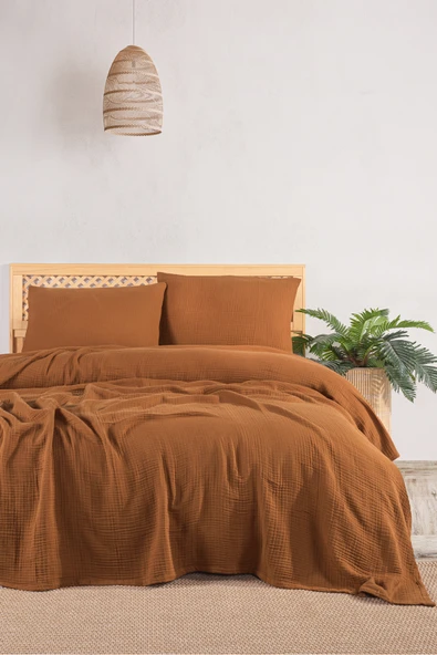 MYLASA HOME 4 Katlı Müslin Çift Kişilik Yatak Örtüsü Seti-230x250 Cm,yazlık Pike & Yastık Kılıfı (3 PARÇA)-camel ürün görseli 1
