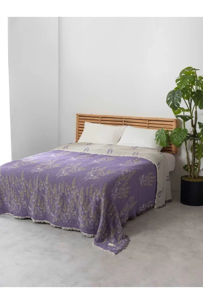 MYLASA HOME Lavanta Desenli %100 Pamuk Müslin Yatak Örtüsü - Çift Kişilik (220x240 cm - Lila) ürün görseli 1