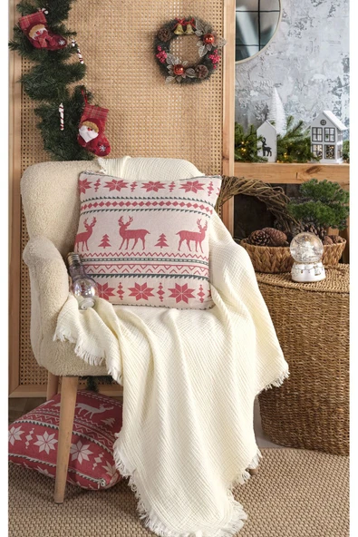MYLASA HOME MylasaHome %100 Pamuk Yılbaşı Beyaz Kırlent Fermuarlı 45x45cm ürün görseli 1