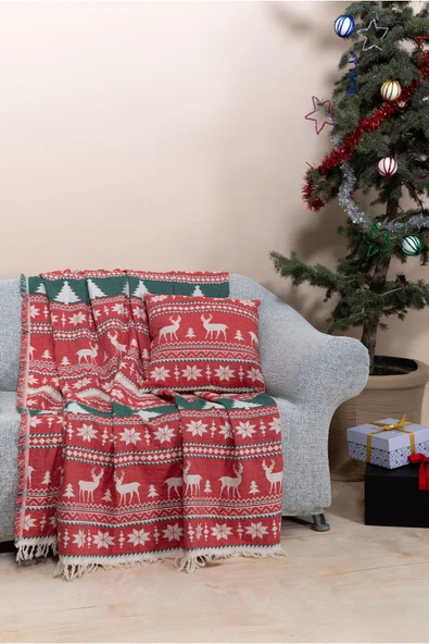 MYLASA HOME Mylasahome %100 Pamuk Yılbaşı Desenli Çok Amaçlı Koltuk Şalı 130 X 170 (KIRLENTSİZ) ürün görseli 1