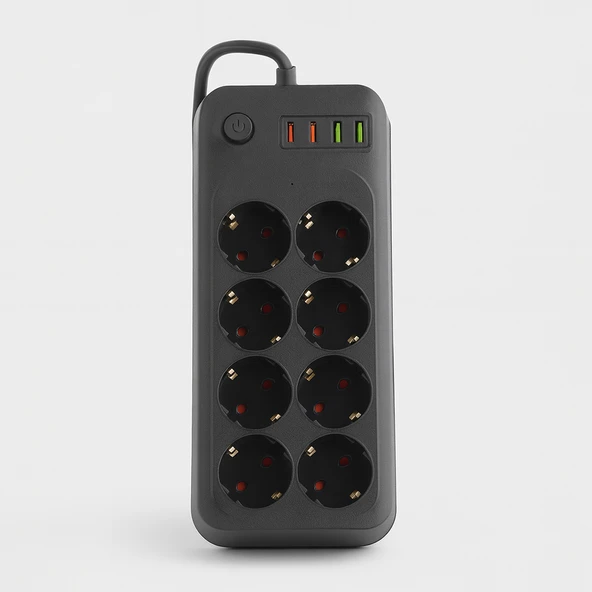 8 Prizli 4 USB Girişli Akım Korumalı Topraklı Golyat Grup Şarj Fiş Priz 2 Metre Uzatma Kablosu ürün görseli 1