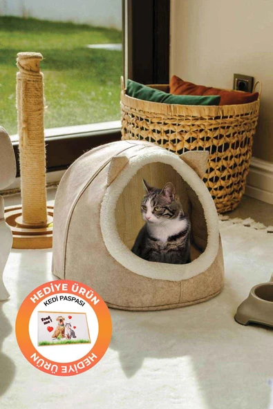 Alas Keçe Kedi Ve Köpek Evi Yatağı Bej Paspas Hediyeli ürün görseli 1