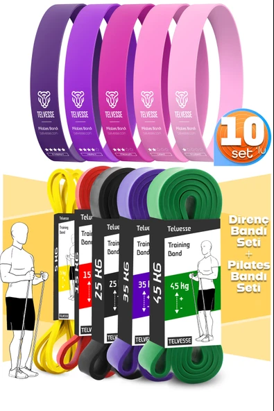 10lu TERA SET 5+15+25+35+45 KG + 5Li Pilates Direnç Bandı Barfiks Lastiği Loop Band Pembe Ton ürün görseli 1
