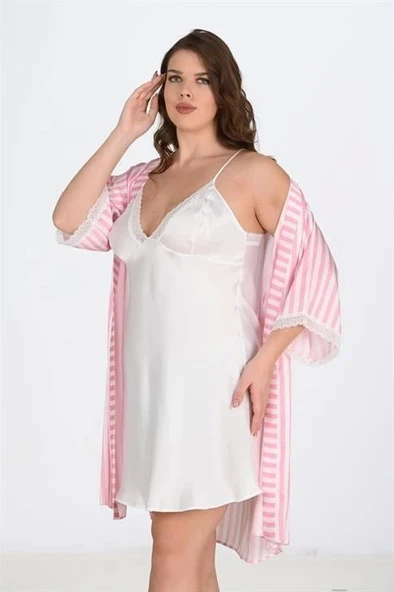 Bicomi 2li Beyaz-Pembe Sabahlık Takımı Bigsize 6210 ürün görseli 1