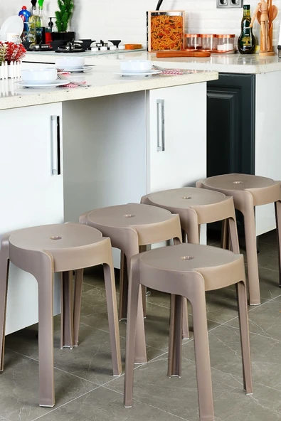 İronika Kaymaz Ayaklı Dekoratif İç İçe Geçebilen Plastik Tabure Mutfak Bahçe Taburesi 6 Adet Latte ürün görseli 1