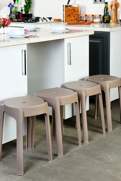 İronika Kaymaz Ayaklı Dekoratif İç İçe Geçebilen Plastik Tabure Mutfak Bahçe Taburesi 4 Adet Latte ürün görseli 1