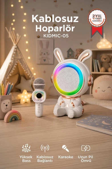 Bluetooth Hoparlör Rgb Işıklı Mikrofonlu Karaoke Tavşan Figürlü Speaker KIDMIC-05 Beyaz ürün görseli 1