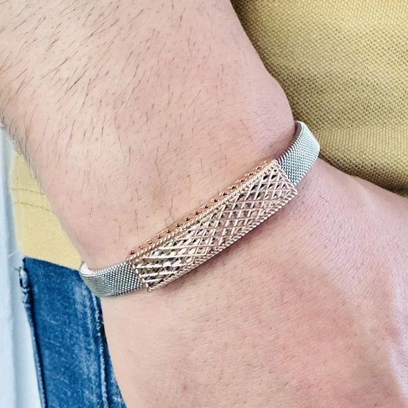 Gümüş Erkek Bileklik 14k Rose Altın Kaplama ,ışıltılı Desen Gümüş Ve Kararmaz Çelik Bant, Şık Hediye ürün görseli 1