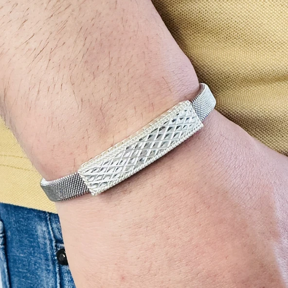 Gümüş Erkek Bileklik,14k Beyaz Altın Kaplama,ışıltılı Desen Gümüş Ve Kararmaz Çelik Bant,Şık Hediye ürün görseli 1