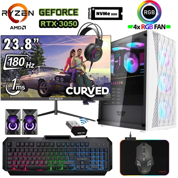 Xaser Xsr1198 Ryzen 5 5500 32GB Ram 1TB M.2 NVMe SSD 6GB RTX3050 23.8" 180Hz Curved Oyuncu Tavsiye Sistem ürün görseli 1
