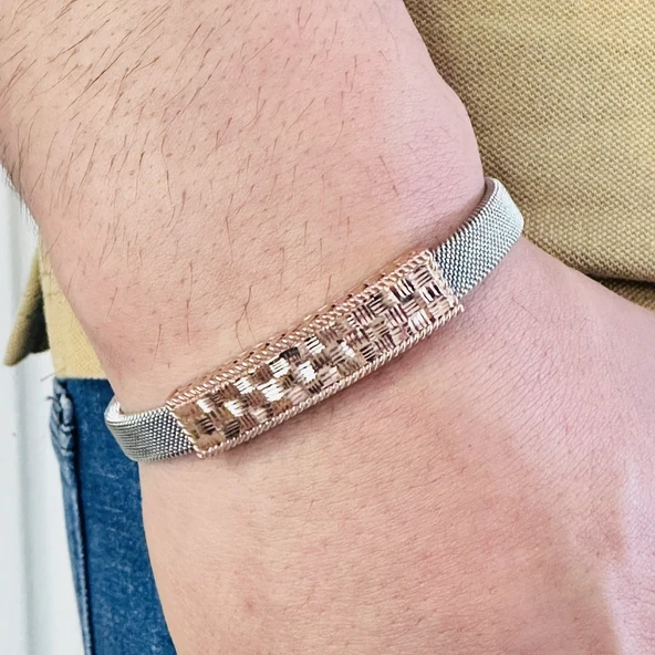 Gümüş Erkek Bileklik,14k Rose Altın Kaplama, Şık Hediye ürün görseli 1