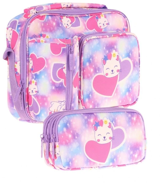 Kaukko Kids Kız Çocuk Lila Pembe Kalpli Kedi Baskılı Üç Bölmeli Thermo Beslenme Çantası ve Kalemlik Seti (L7219+L8219) ürün görseli 1