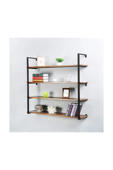 Hitit Dekorasyon Tasnia Siyah Metal Ahşap Duvar Rafı 120cm 4 Katlı ürün görseli 1