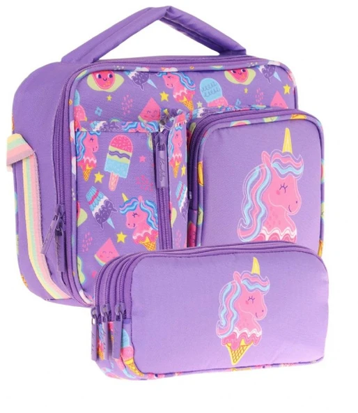 Kaukko Kids Kız Çocuk Lila Pembe Unicorn Desenli Üç Bölmeli Thermo Beslenme Çantası ve Kalemlik Seti (L7224+L8224) ürün görseli 1