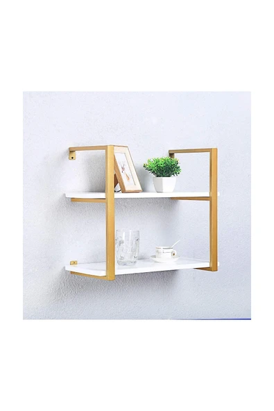 Hitit Dekorasyon Tasnia Gold Metal Ahşap Duvar Rafı 60cm 2 Katlı ürün görseli 1