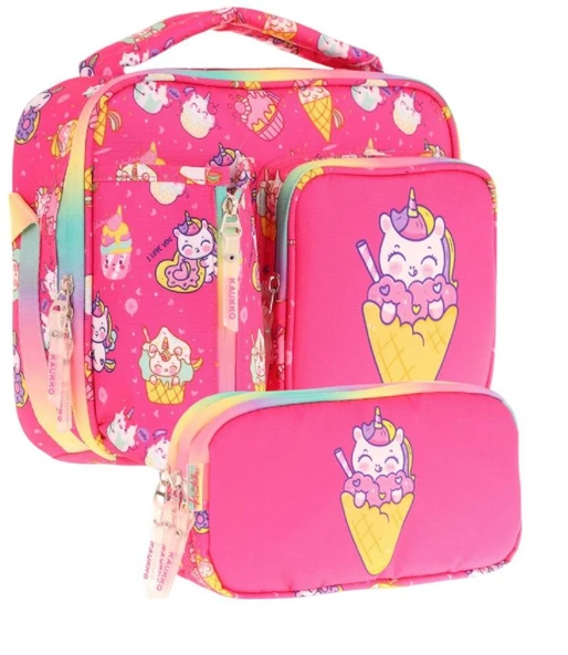 Kaukko Kids Kız Çocuk Kırmızı Dondurma Desenli Üç Bölmeli Thermo Beslenme Çantası ve Kalemlik Seti (L7227+L8227) ürün görseli 1