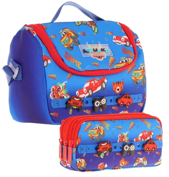 Kaukko Kids Isı Yalıtımlı Beslenme Çantası ve Üç Gözlü Kalemlik Seti - Erkek Çocuk, Mavi Kırmızı (Silikon Aksesuarlı) ürün görseli 1