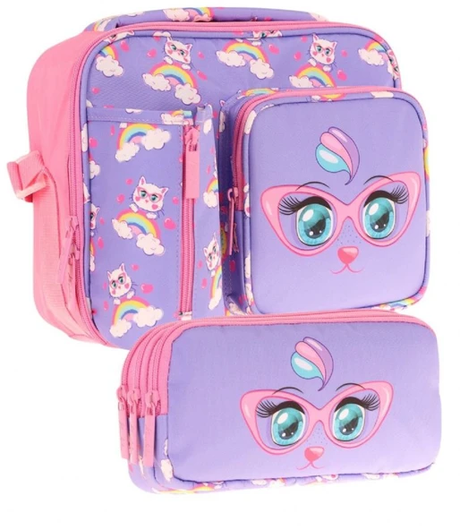Kaukko Kids Kız Çocuk Lila Pembe Kedi Baskılı Üç Bölmeli Thermo Beslenme Çantası ve Kalemlik Seti (L7236+L8236) ürün görseli 1