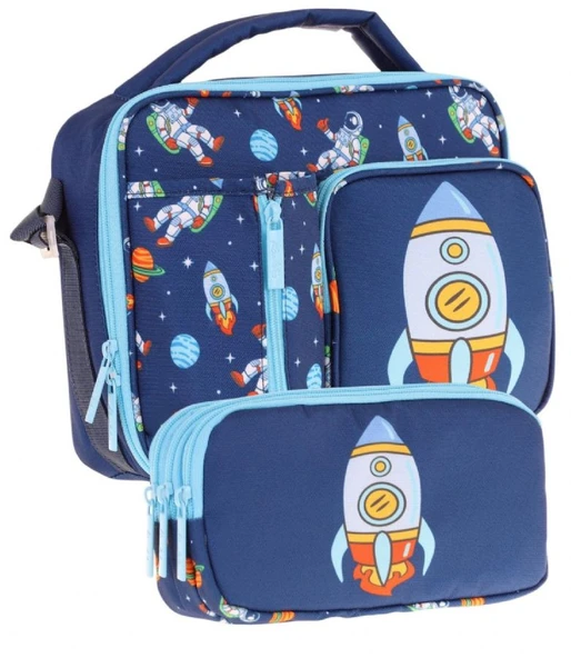 Kaukko Kids Erkek Çocuk Lacivert Roket Üç Bölmeli Thermo Beslenme Çantası ve Kalemlik Seti (L7260+L8260) ürün görseli 1