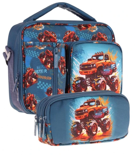 Kaukko Kids Erkek Çocuk Yeşil Kırmızı Arazi Aracı Üç Bölmeli Thermo Beslenme Çantası ve Kalemlik Seti (L7282+L8282) ürün görseli 1