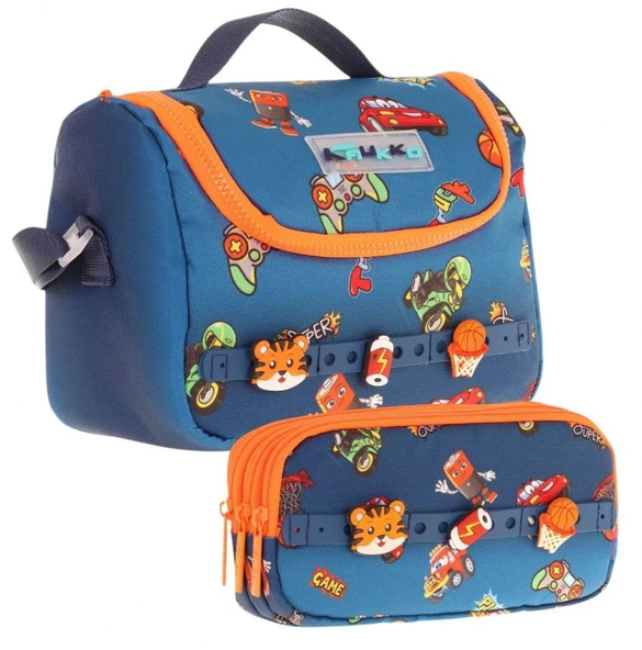Kaukko Kids Isı Yalıtımlı Beslenme Çantası ve Üç Gözlü Kalemlik Seti - Erkek Çocuk, Lacivert Turuncu (Silikon Aksesuarlı) ürün görseli 1