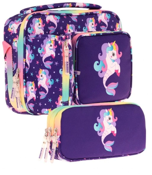 Kaukko Kids Kız Çocuk Mor Çok Renkli Unicorn ve Denizkızı Üç Bölmeli Thermo Beslenme Çantası ve Kalemlik Seti (L7228+L8228) ürün görseli 1
