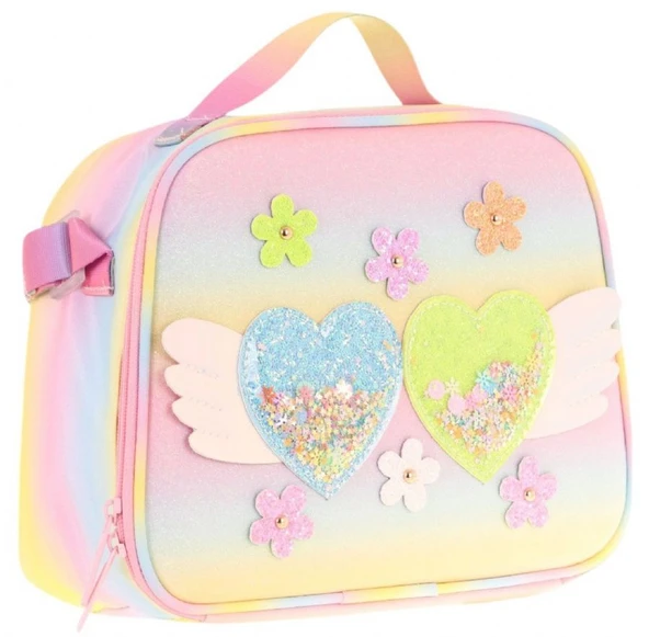 Kaukko Kids Kız Çocuk Isı Yalıtımlı Okul/Piknik Beslenme Çantası (Simli Kalp ve Çiçekler) L7213 ürün görseli 1