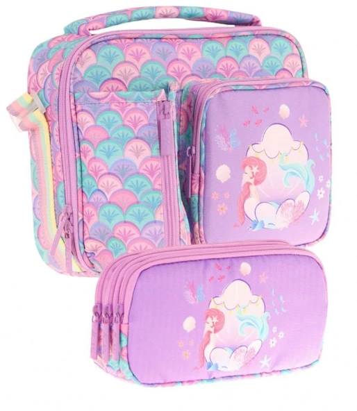 Kaukko Kids Kız Çocuk Mor Yeşil Denizkızı Üç Bölmeli Thermo Beslenme Çantası ve Kalemlik Seti (L7225+L8225) ürün görseli 1