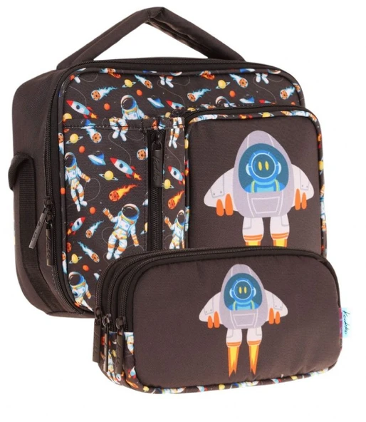 Kaukko Kids Erkek Çocuk Siyah Roket Baskılı Üç Bölmeli Thermo Beslenme Çantası ve Kalemlik Seti (L7264+L8264) ürün görseli 1