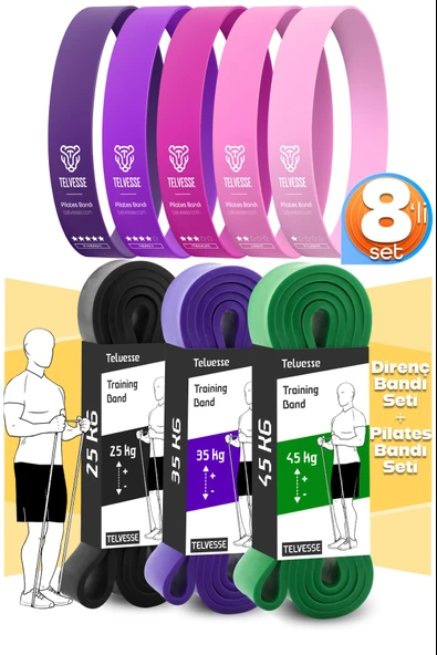 8li GİGA SET 25+35+45 KG + 5Li Pilates Direnç Bandı Barfiks Lastiği Loop Band Pembe Ton ürün görseli 1