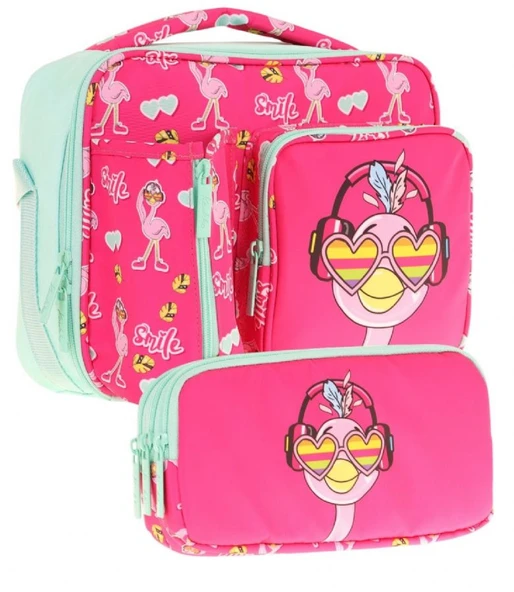 Kaukko Kids Kız Çocuk Kırmızı Yeşil Flamingo Desenli Üç Bölmeli Thermo Beslenme Çantası ve Kalemlik Seti (L7235+L8235) ürün görseli 1
