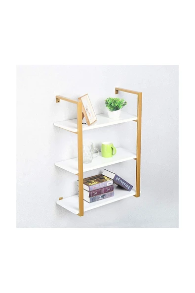 Hitit Dekorasyon Tasnia Gold Metal Ahşap Duvar Rafı 60cm 3 Katlı ürün görseli 1
