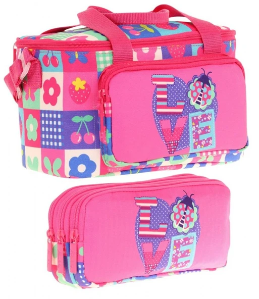 Kaukko (L7229+L8229) Beslenme Çantası (Isı Yalıtımlı) ve Kalem Çantası (Üç Bölme) Seti - Kız Çocuk - Pembe Kırmızı Love Desenli ürün görseli 1